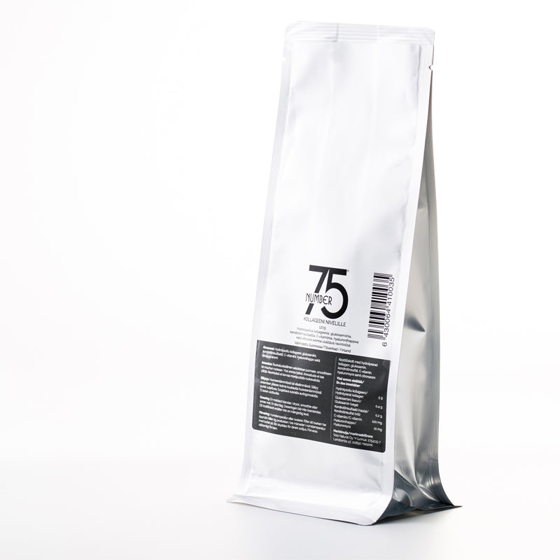 Kollageenijauhe nivelille täyttöpussissa.