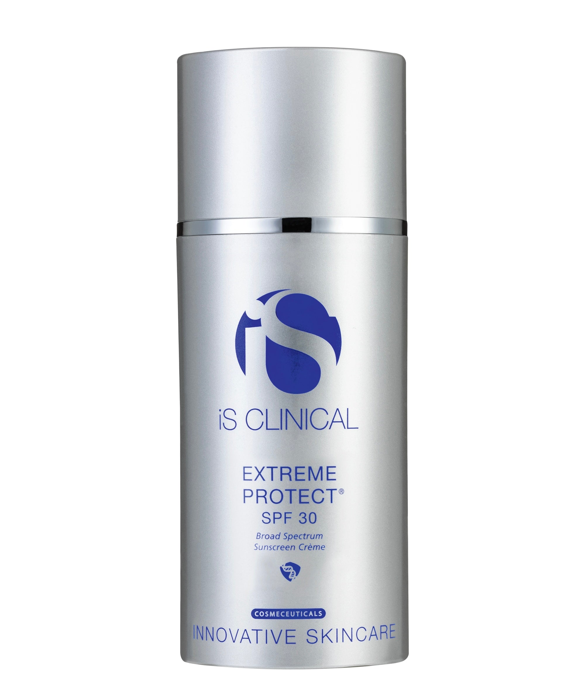 Päivävoide aurinkosuojalla hopeanharmaassa pumppupullossa.