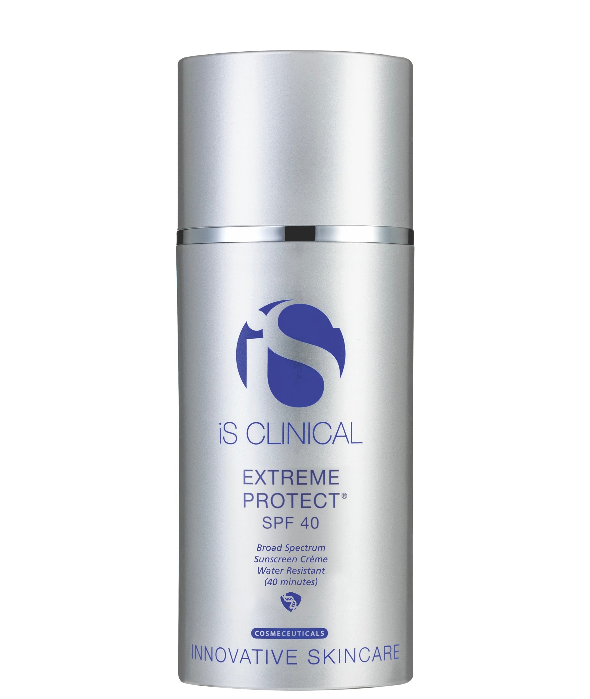 Uimista sietävä hoitovoide aurinkosuojalla hopeanharmaassa pumppupullossa.